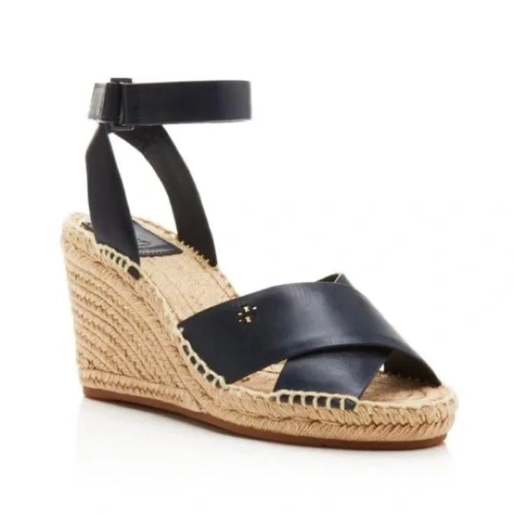 Tory Burch Bima Leather wedge Espadrille Sandal | Navy | Size 6.5